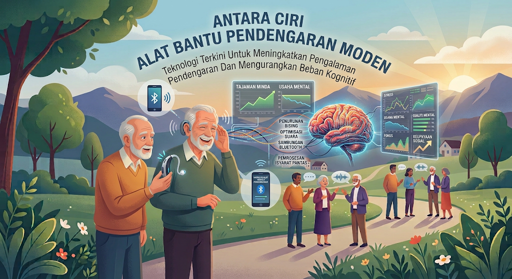Ilustrasi dua orang warga emas menunjukkan alat bantu pendengaran moden dengan ciri sambungan Bluetooth dan carta kognitif, berserta teks "Antara Ciri Alat Bantu Pendengaran Moden".