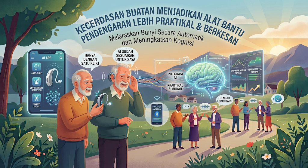 Ilustrasi dua warga emas mengendalikan alat bantu pendengaran melalui aplikasi telefon pintar AI dengan carta ketajaman minda dan teks "Kecerdasan Buatan Menjadikan Alat Bantu Pendengaran Lebih Praktikal & Berkesan"