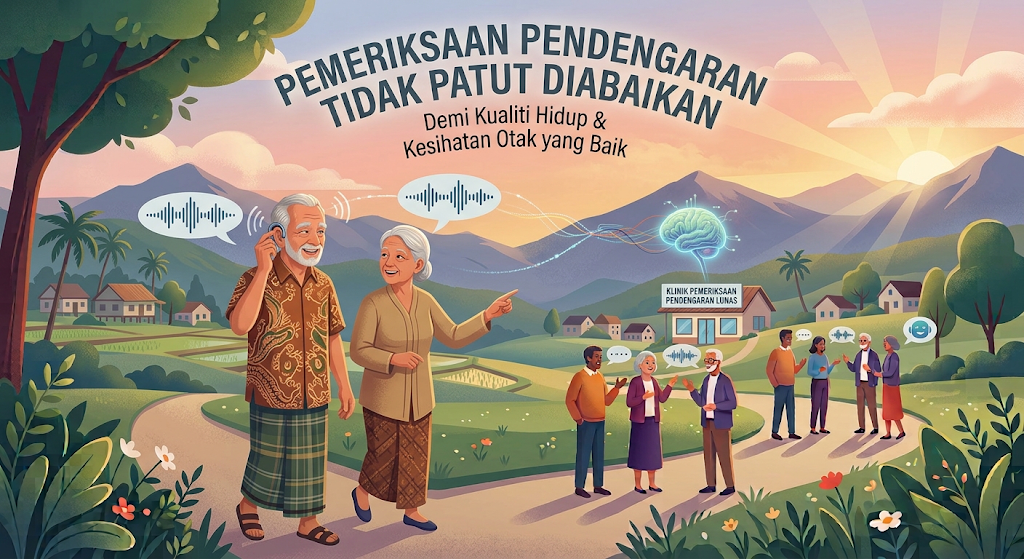 Ilustrasi sepasang warga emas berpakaian tradisional berjalan di kawasan desa menghadap klinik pendengaran dengan teks "Pemeriksaan Pendengaran Tidak Patut Diabaikan".