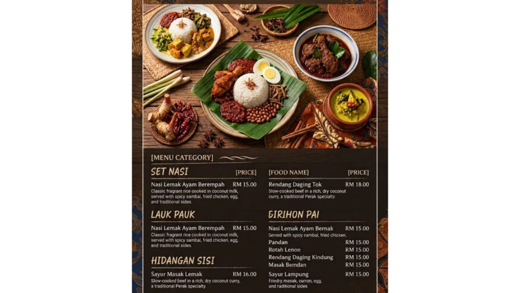 Menu Sajian Tradisional Tempatan yang memaparkan senarai harga untuk Nasi Lemak Ayam Berempah, Rendang Daging Tok, dan hidangan sampingan.