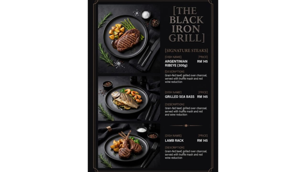 Menu makanan barat The Black Iron Grill yang memaparkan pilihan stik dan harga untuk Argentinian Ribeye, Grilled Sea Bass, dan Lamb Rack.