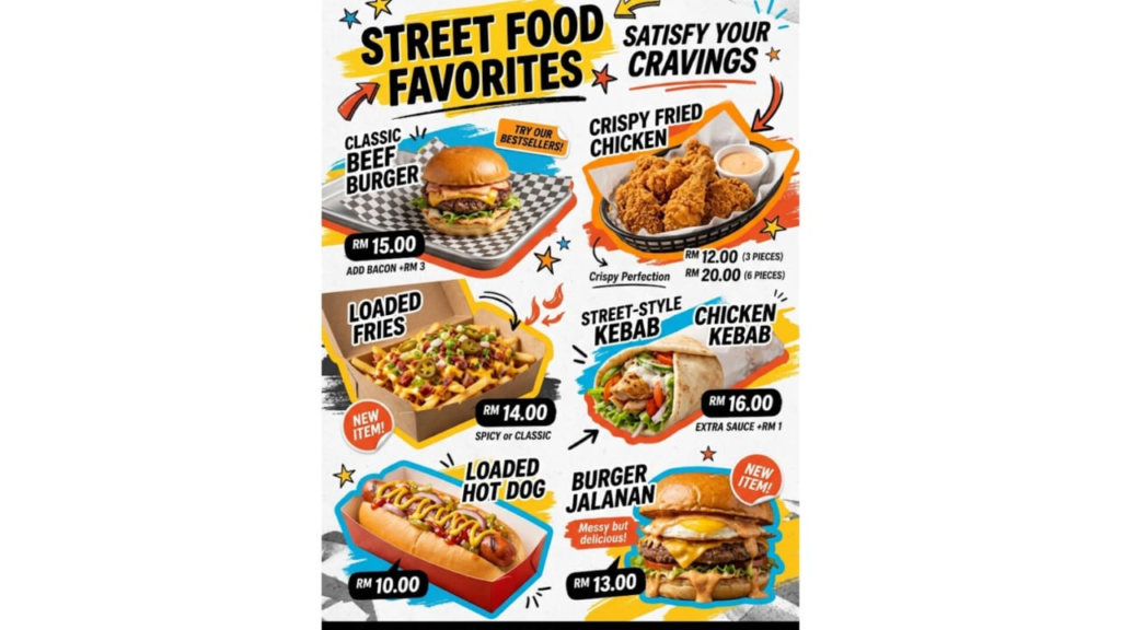 Menu makanan jalanan Street Food Favorites yang memaparkan pilihan dan harga untuk Classic Beef Burger, Crispy Fried Chicken, Loaded Fries, Kebab, Loaded Hot Dog, dan Burger Jalanan.