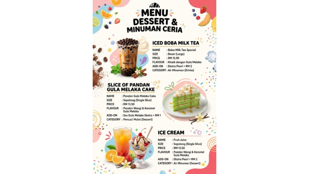 Menu pencuci mulut dan minuman yang memaparkan harga untuk Iced Boba Milk Tea, Slice of Pandan Gula Melaka Cake, dan Ice Cream.