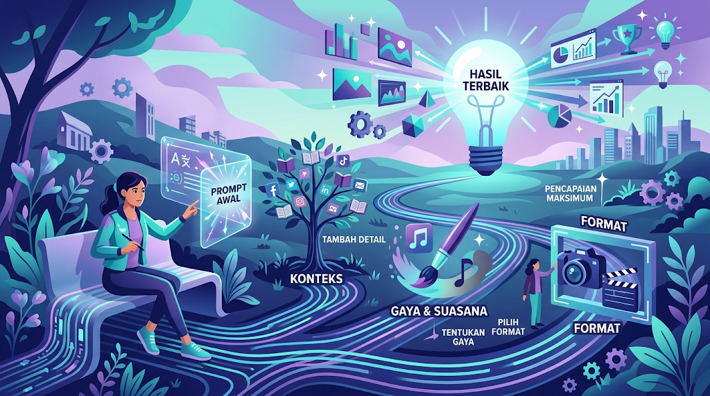 Ilustrasi infografik futuristik yang menggambarkan proses penyediaan prompt daripada "Prompt Awal", penambahan "Konteks", "Gaya & Suasana", serta pilihan "Format" sehingga menghasilkan "Hasil Terbaik".