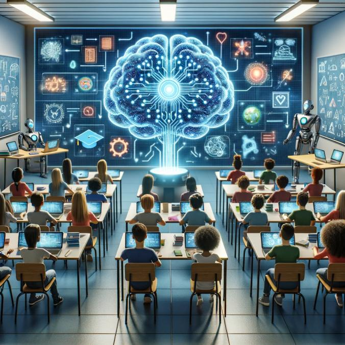 Ilustrasi bilik darjah futuristik dengan pelajar menggunakan komputer dan grafik otak AI bercahaya di hadapan kelas.