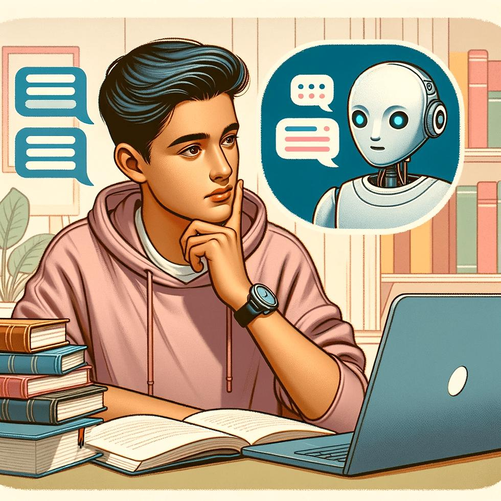 Ilustrasi seorang pelajar lelaki sedang berfikir di meja belajar bersama buku dan laptop.