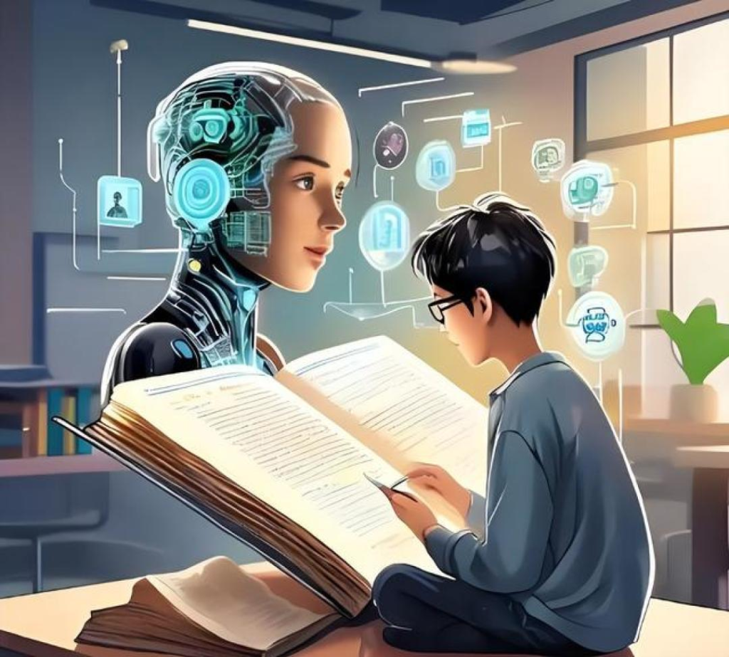 Ilustrasi seorang pelajar lelaki sedang membaca buku ditemani oleh figura robot AI lut sinar.