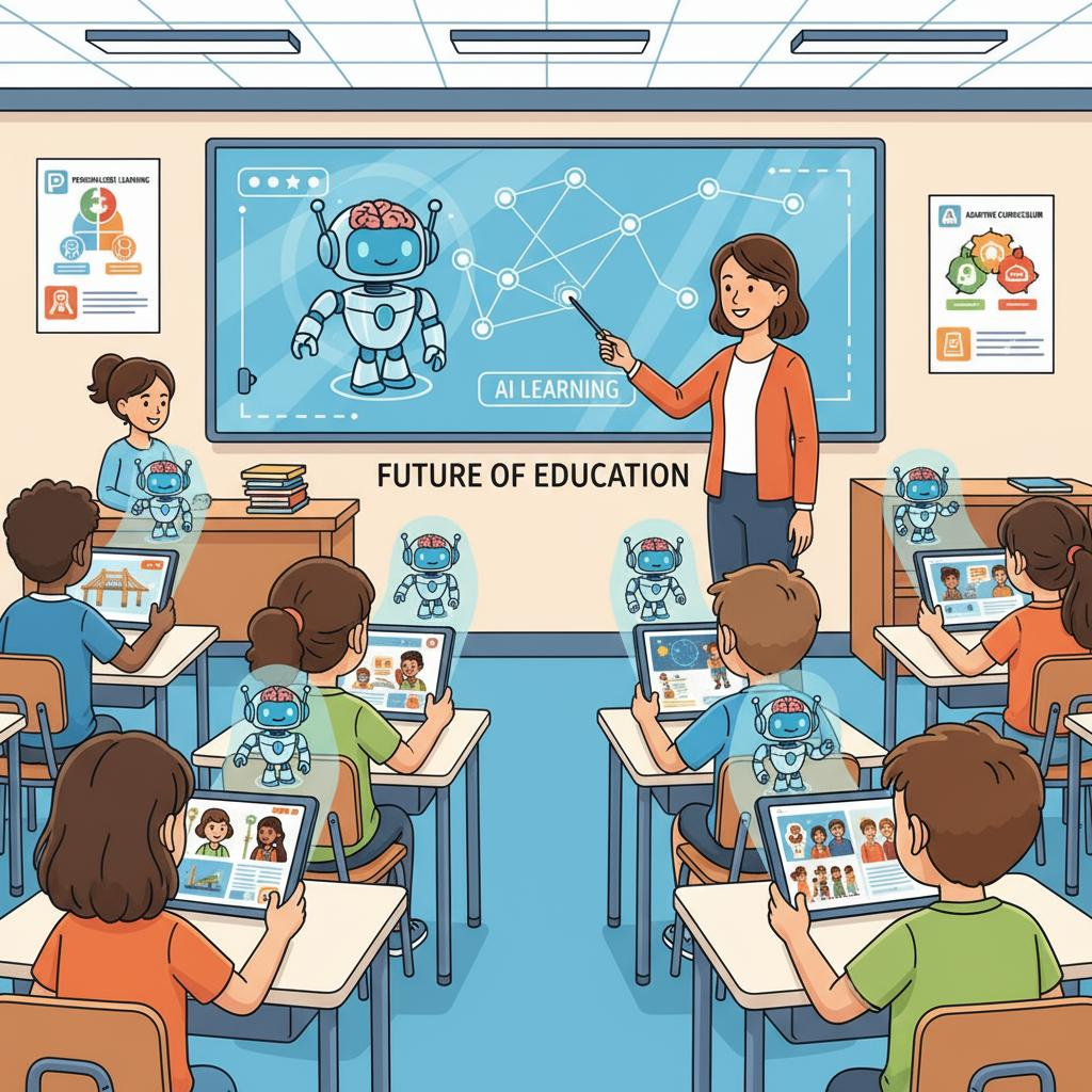 An illustration of a smart classroom with a teacher, students using tablets, and AI robots.