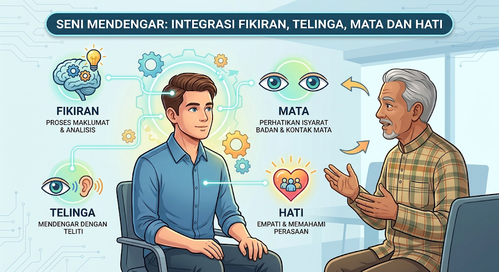 `Ilustrasi dua lelaki berdiskusi menggunakan 4 saluran komunikasi: Fikiran, Telinga, Mata dan Hati.`