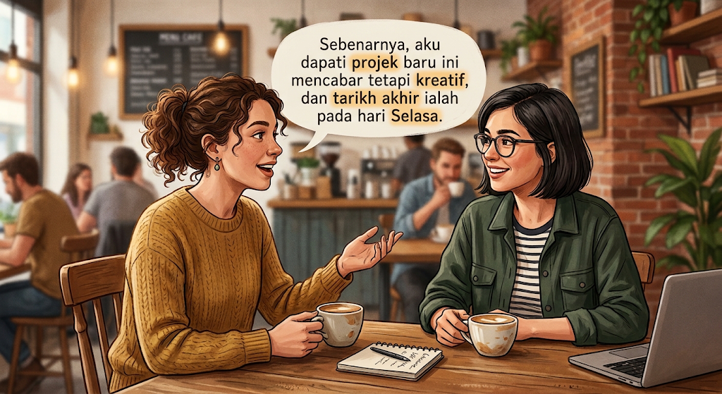 `Dua wanita berdiskusi sambil menikmati kopi di pejabat.`