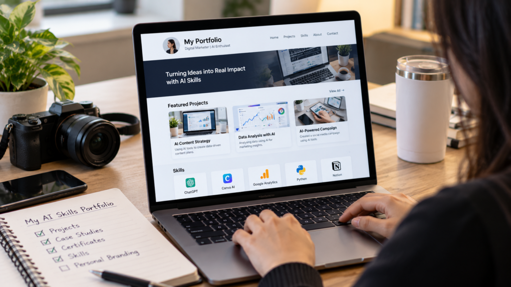 Individu membina portfolio digital untuk mempamerkan projek dan kemahiran AI.
