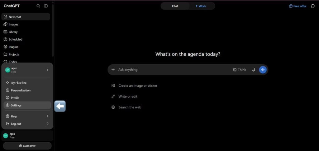 Tangkapan skrin antaramuka ChatGPT dalam mod gelap (dark mode) dengan menu tetapan ditunjukkan.