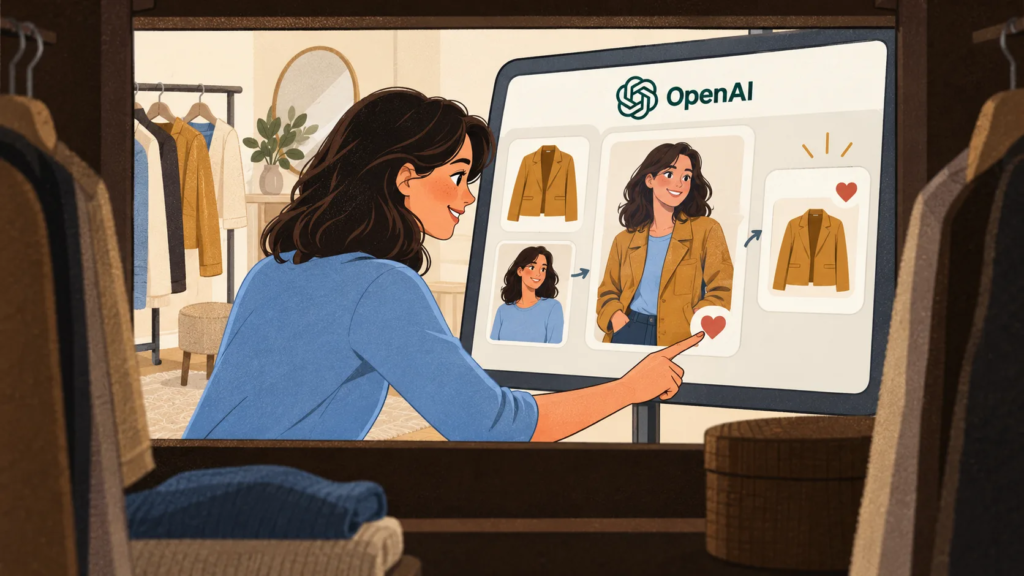 Ilustrasi seorang wanita menggunakan cermin pintar berkuasa OpenAI untuk mencuba jaket secara maya.