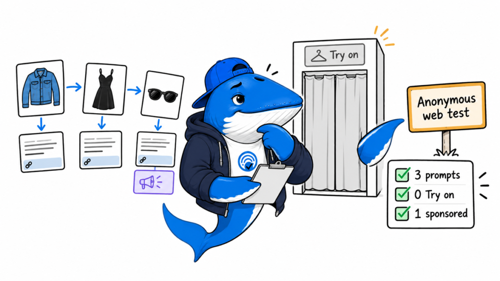 Ilustrasi maskot paus bertopi dan berjaket sedang memegang papan klip di sebelah bilik persalinan "Try on" dan papan tanda "Anonymous web test".