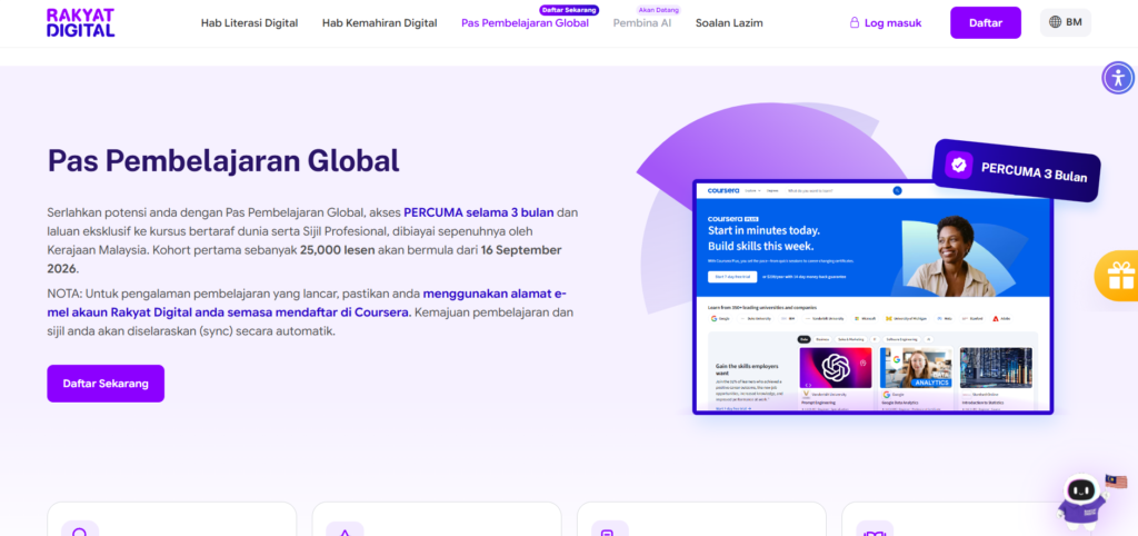 Tangkapan skrin laman web Rakyat Digital yang mempromosikan Pas Pembelajaran Global dengan akses Coursera percuma selama 3 bulan dibiayai oleh Kerajaan Malaysia