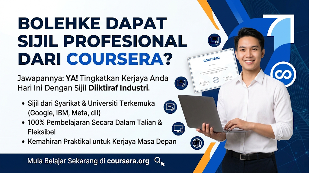 Poster promosi Coursera memaparkan soalan "Bolehke dapat sijil profesional dari Coursera?" dengan seorang lelaki tersenyum memegang komputer pekena riba di sebelah contoh sijil.