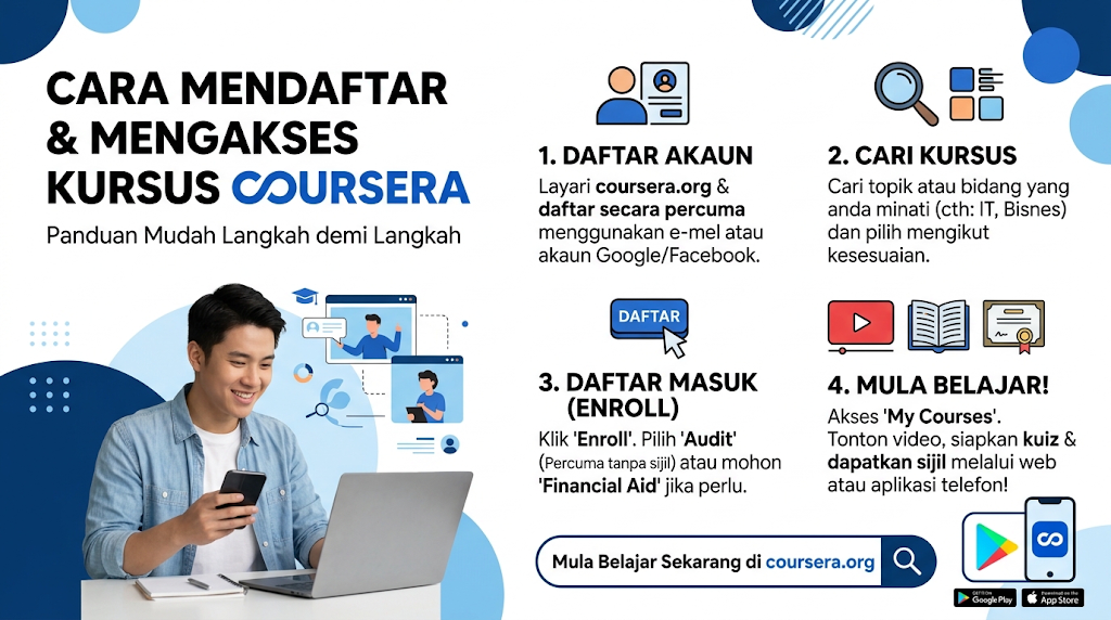 Infografik "Cara Mendaftar & Mengakses Kursus Coursera" yang menerangkan 4 langkah mudah pendaftaran dan pembelajaran dalam talian