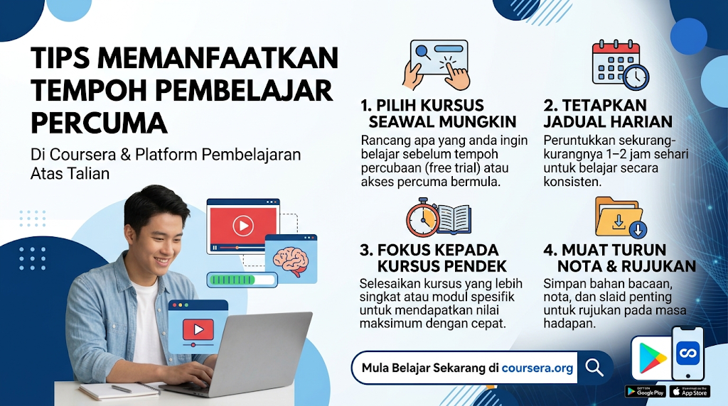 Infografik "Tips Memanfaatkan Tempoh Pembelajaran Percuma" di Coursera yang mengandungi 4 panduan penting untuk memaksimalkan akses percuma.