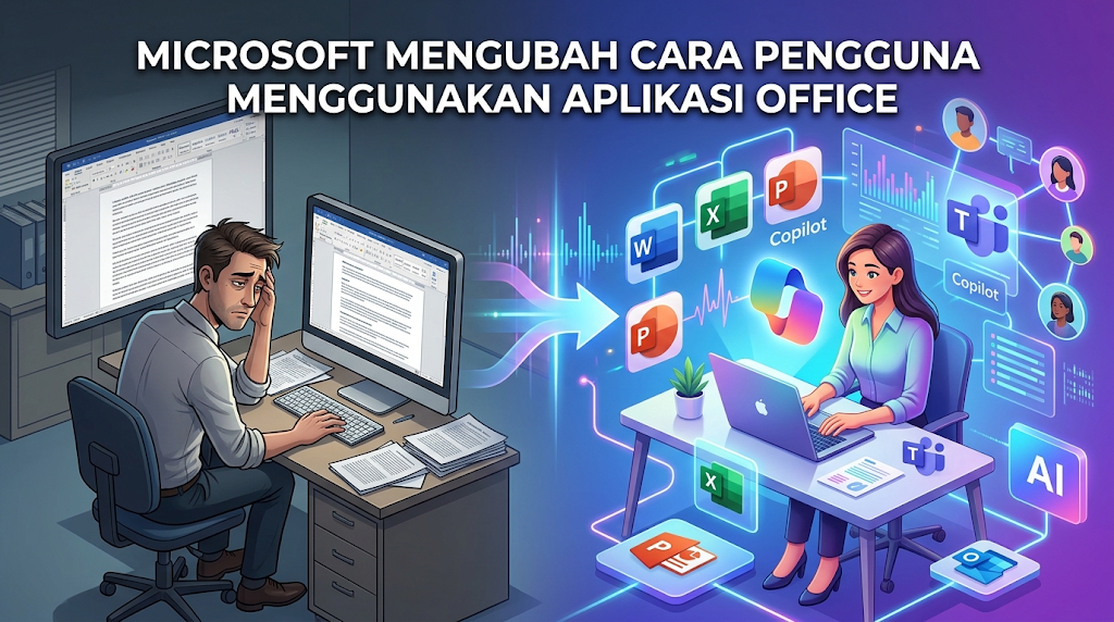 Ilustrasi perbandingan menunjukkan seorang lelaki kelihatan letih bekerja secara manual di komputer pejabat di sebelah kiri, berbanding seorang wanita yang tersenyum gembira menggunakan laptop dengan sokongan Microsoft Copilot dan integrasi aplikasi Office berteknologi AI di sebelah kanan. Terdapat teks tajuk "MICROSOFT MENGUBAH CARA PENGGUNA MENGGUNAKAN APLIKASI OFFICE" di bahagian atas.