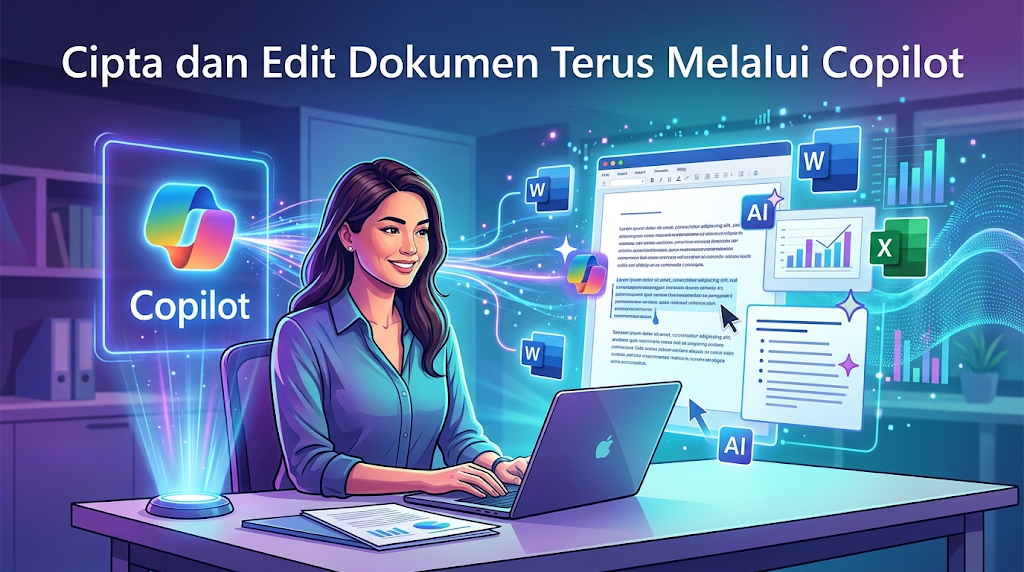 Ilustrasi grafik memaparkan seorang wanita tersenyum menggunakan komputer pekena di meja kerja dengan hologram logo Copilot, dokumen Word, carta Excel, dan lencana AI terapung di sekelilingnya. Terdapat teks tajuk "Cipta dan Edit Dokumen Terus Melalui Copilot" di bahagian atas.