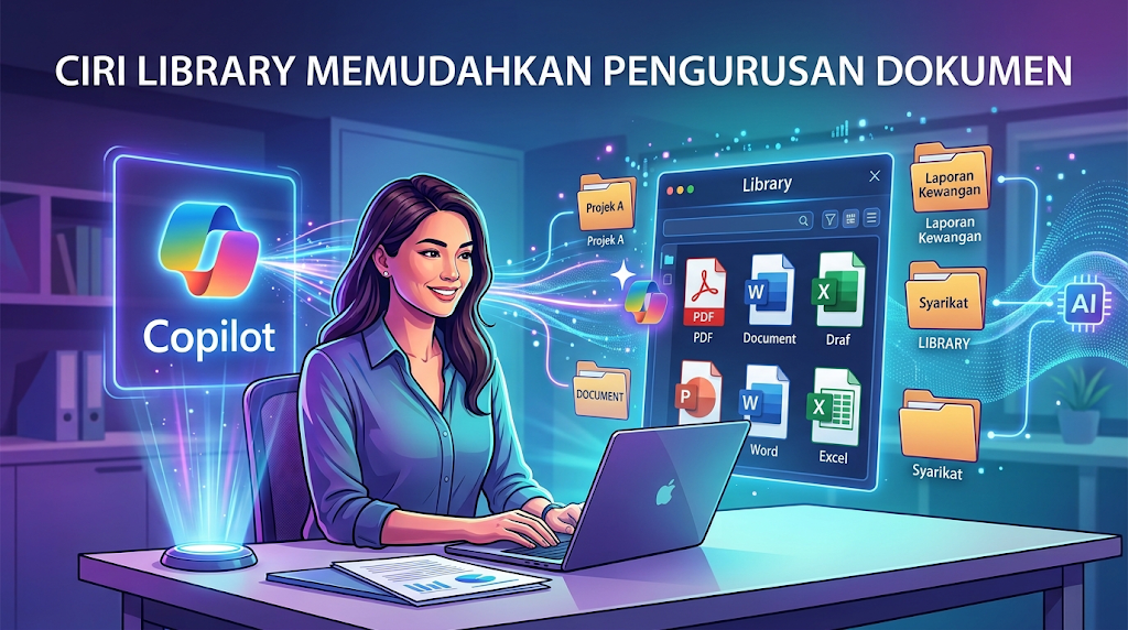 Ilustrasi grafik memaparkan seorang wanita tersenyum menggunakan laptop dengan paparan tetingkap "Library", pelbagai fail (PDF, Word, Excel, PowerPoint), folder projek, hologram Copilot, dan cip AI. Terdapat teks tajuk "CIRI LIBRARY MEMUDAHKAN PENGURUSAN DOKUMEN" di bahagian atas.