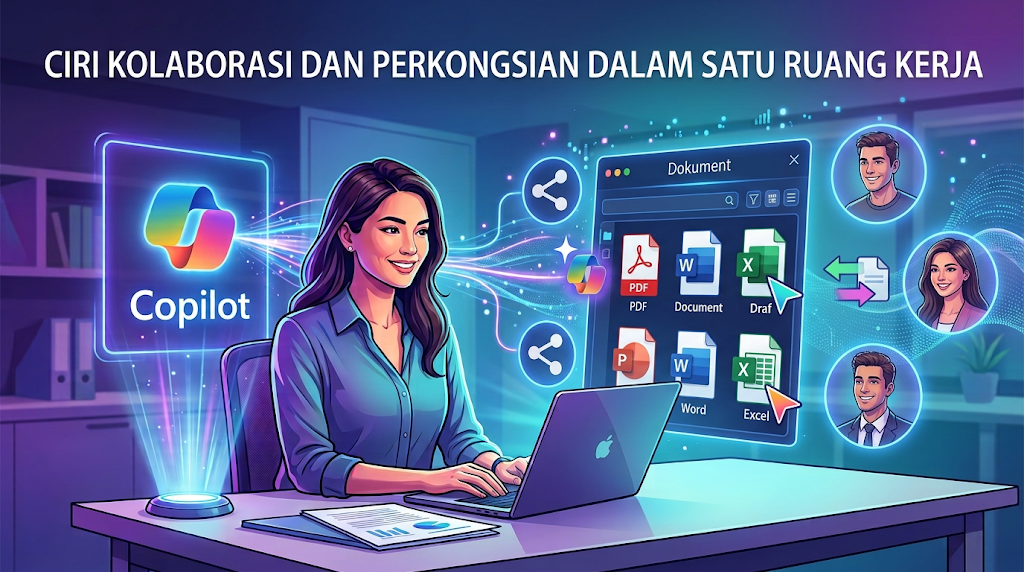 Ilustrasi grafik memaparkan seorang wanita tersenyum menggunakan laptop dengan tetingkap "Dokument", ikon perkongsian, hologram Copilot, serta profil ahli pasukan yang terhubung untuk kolaborasi. Terdapat teks tajuk "CIRI KOLABORASI DAN PERKONGSIAN DALAM SATU RUANG KERJA" di bahagian atas.