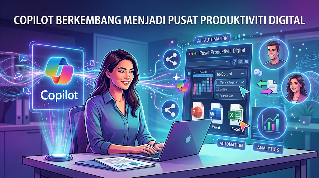 Ilustrasi grafik memaparkan seorang wanita tersenyum bekerja di meja dengan paparan "Pusat Produktiviti Digital", senarai tugasan, kalendar, fail Office, hologram Copilot, serta label "AI Automation" dan "Analytics". Terdapat teks tajuk "COPILOT BERKEMBANG MENJADI PUSAT PRODUKTIVITI DIGITAL" di bahagian atas.