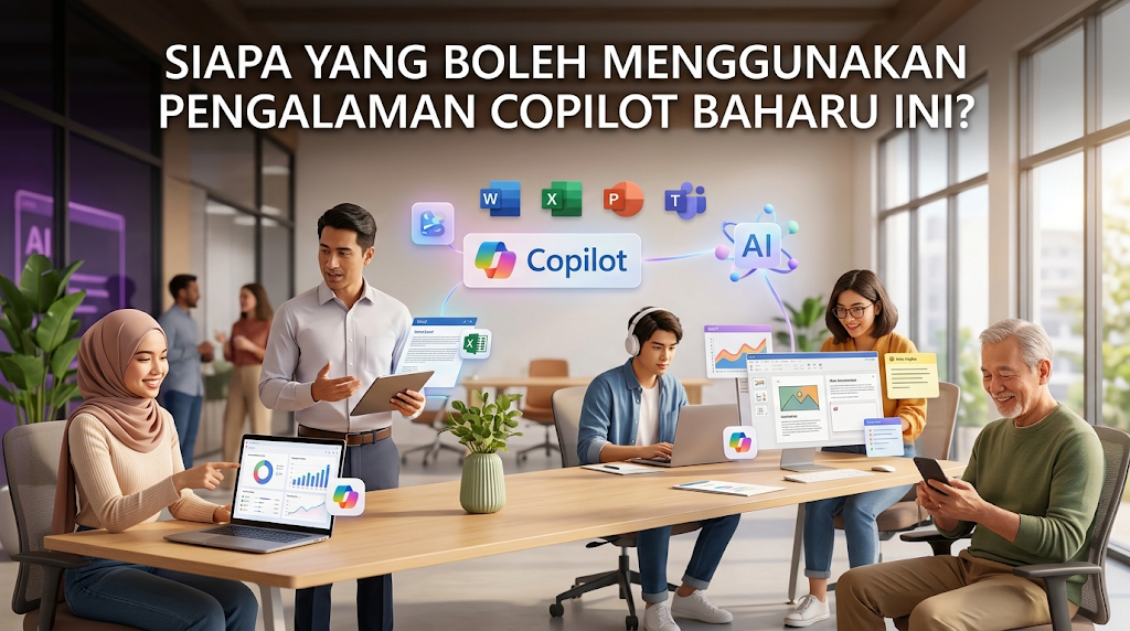 Ilustrasi pelbagai pekerja pelbagai umur dan latar belakang bekerja bersama di pejabat moden menggunakan peranti digital, dikelilingi logo Copilot, aplikasi Microsoft 365, dan ikon AI. Terdapat teks tajuk "SIAPA YANG BOLEH MENGGUNAKAN PENGALAMAN COPILOT BAHARU INI?" di bahagian atas.